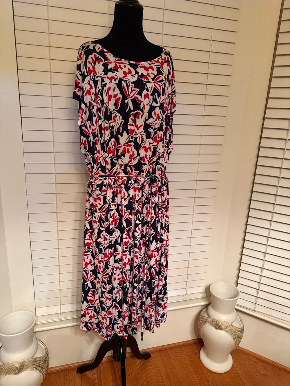 Esmara Floral Navy, White & Red Women's Belted Dress Size 3XL 24/26